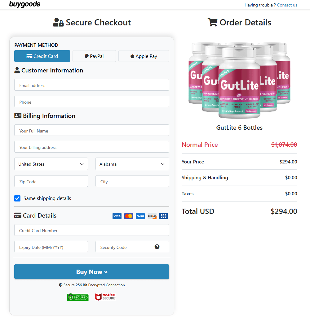 GutLite secure checkout page